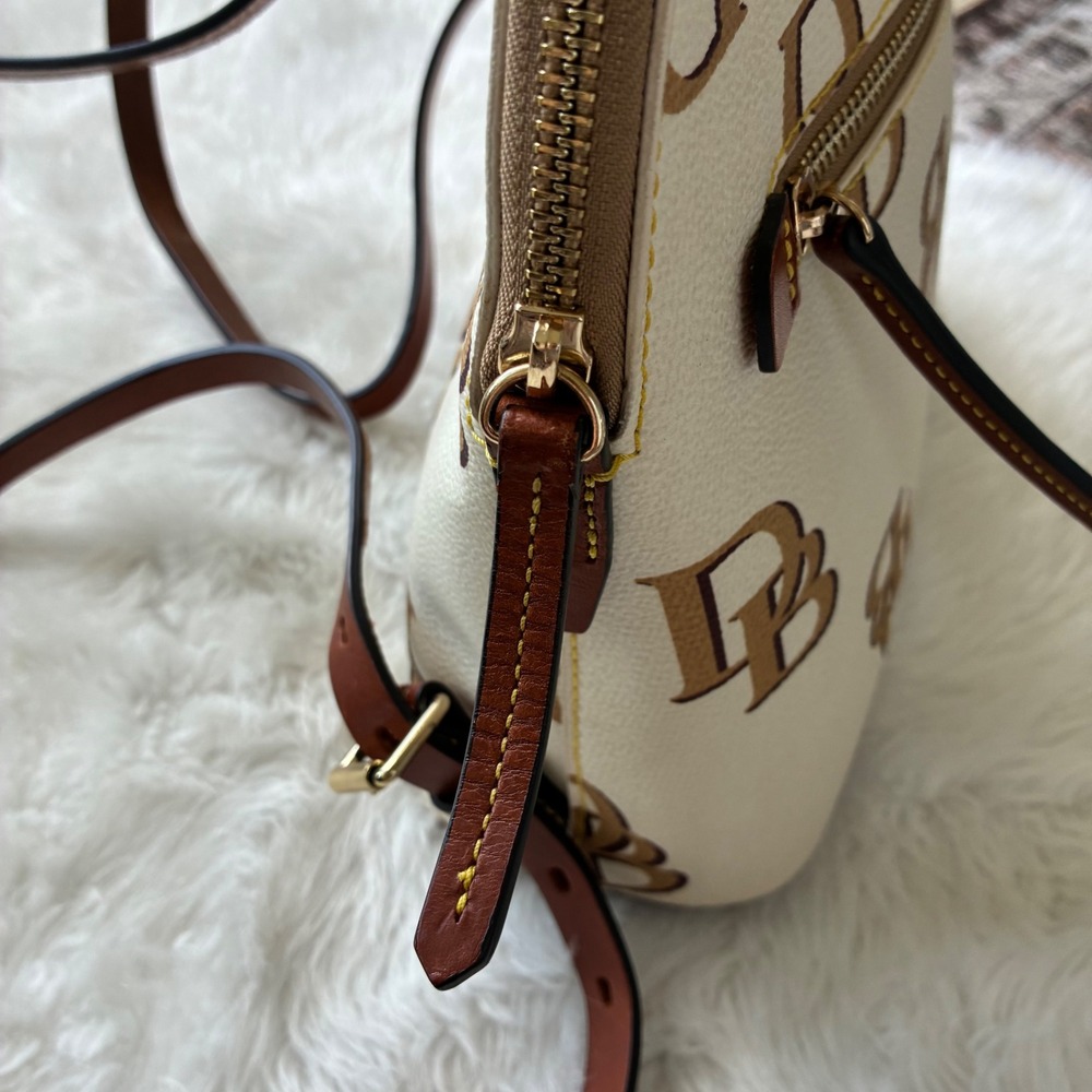 Dooney & Bourke Monogram Cream Tan Leather Trim Gold hardware Backpack Bag - Picture 8 of 16